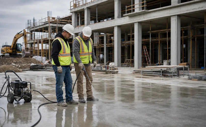 Construction workers pressure-washing concrete at a commercial job site