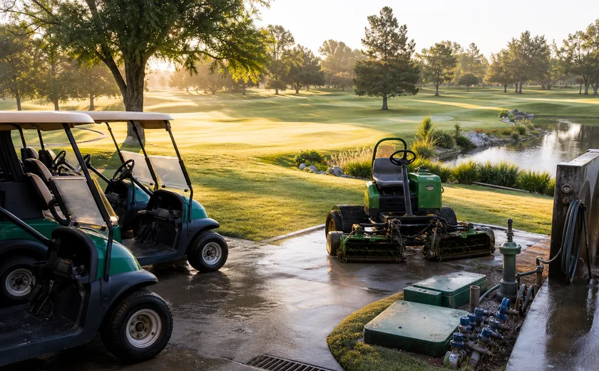 Golf course maintenance equipment and carts beside a service pad