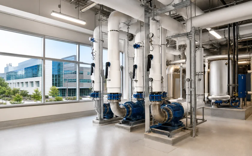 Healthcare campus mechanical room with water-system piping