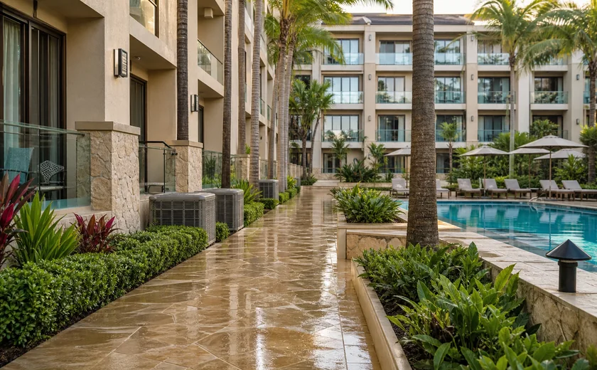 Resort property maintenance walkway beside a pool courtyard