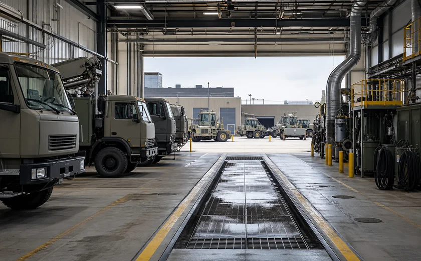 Public-sector fleet maintenance bay with utility vehicles