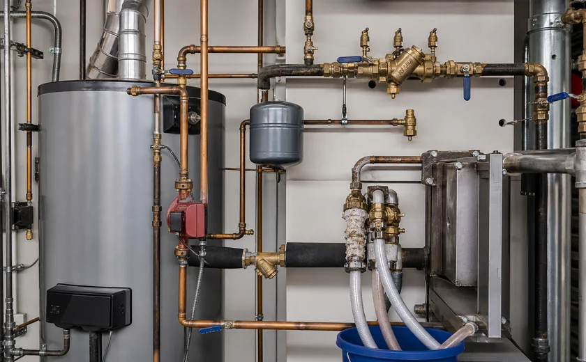 Commercial mechanical room with water heater and plumbing lines