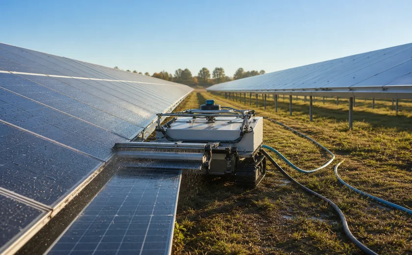 Solar farm panel-cleaning equipment positioned between arrays