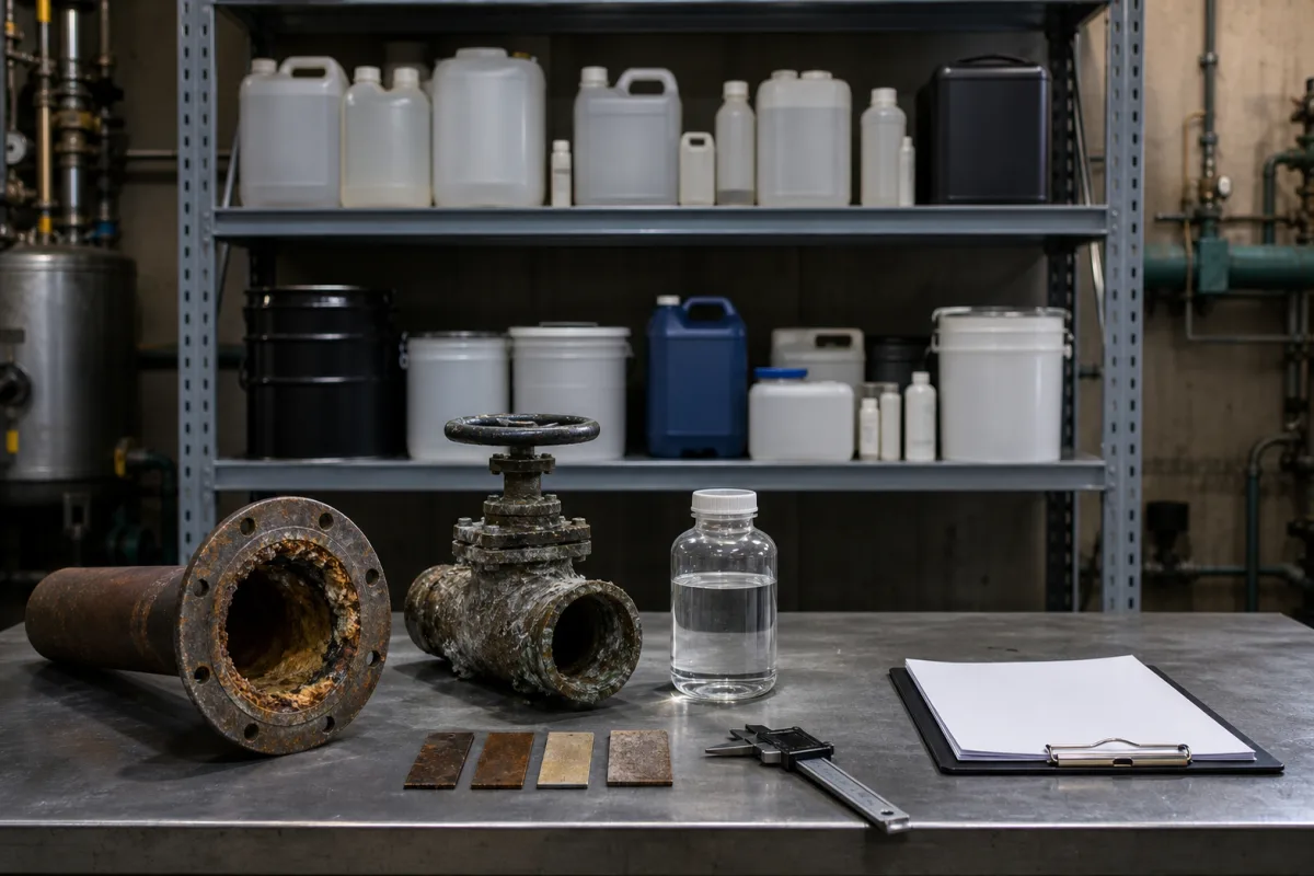 Representative maintenance-chemical shelf, pipe samples, valve, and water sample for a site assessment