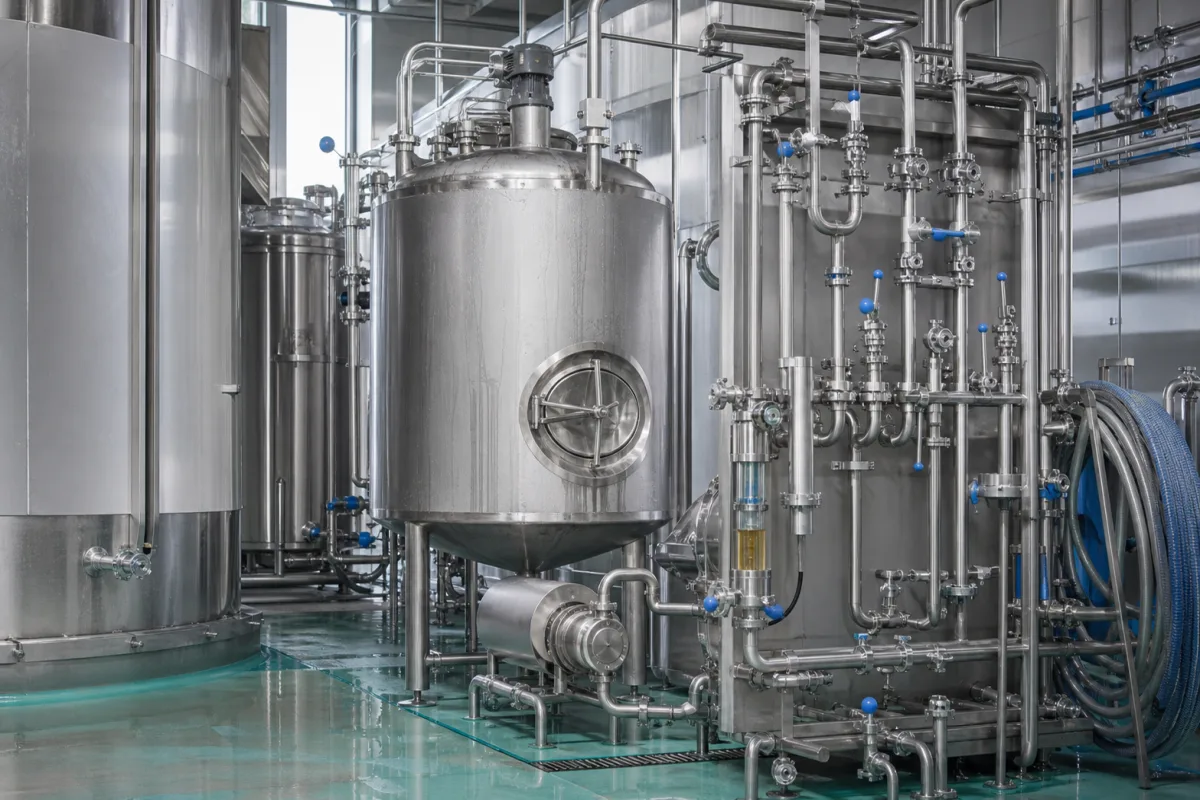 Representative sanitary CIP vessels and process piping in a food and beverage facility