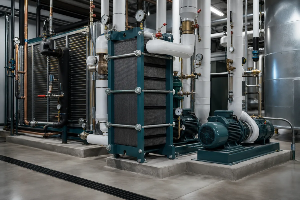 Representative commercial HVAC heat exchanger, pumps, and mechanical-room piping