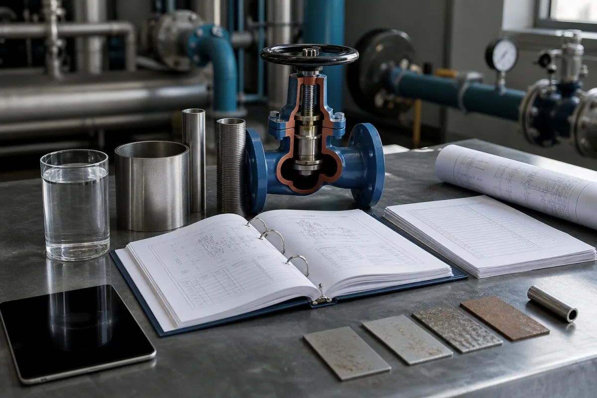Representative engineering documents, pipe samples, and water-system components